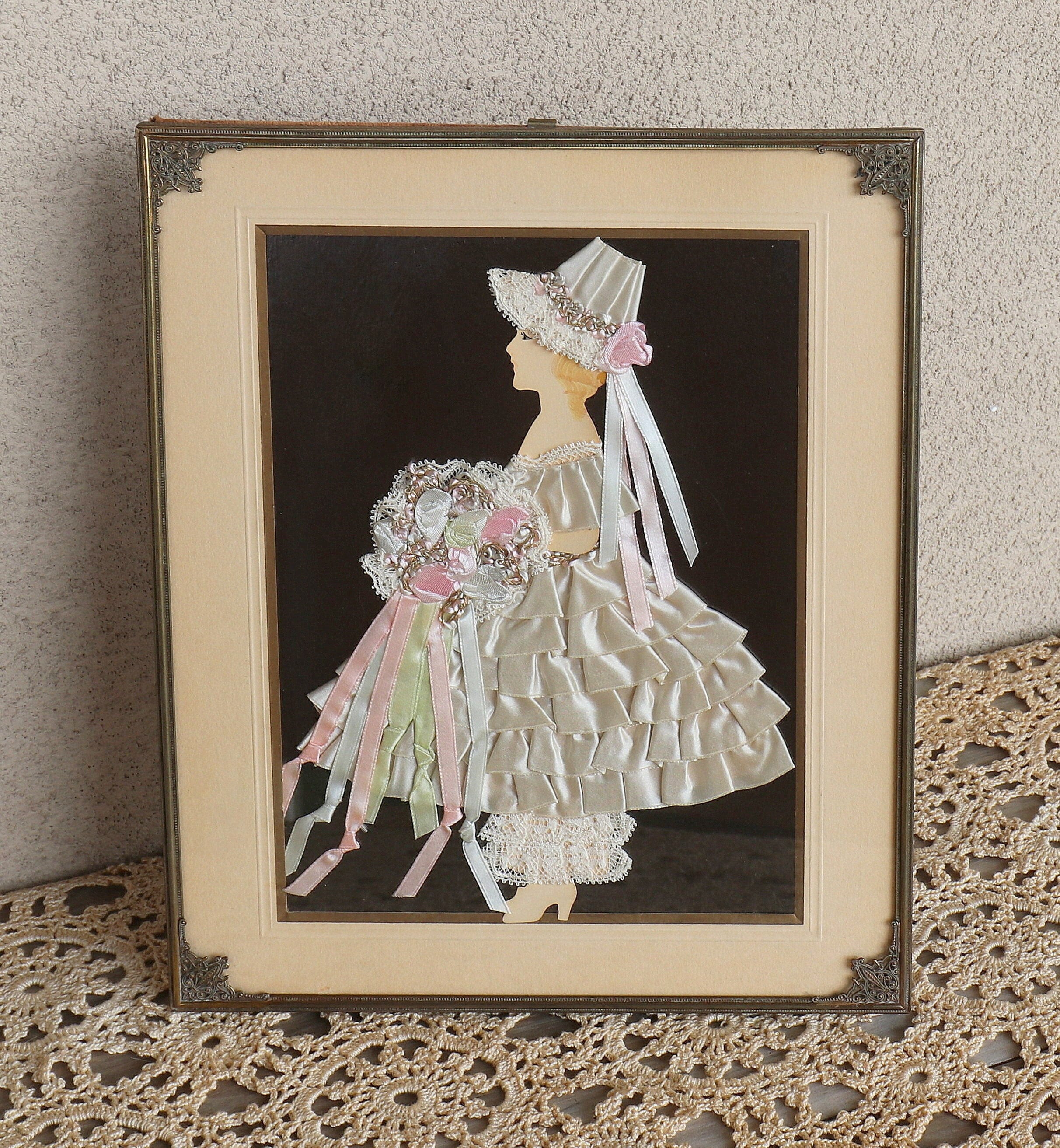 Vintage Victorian RIBBON DOLL Paper Satin Lace Silhouette