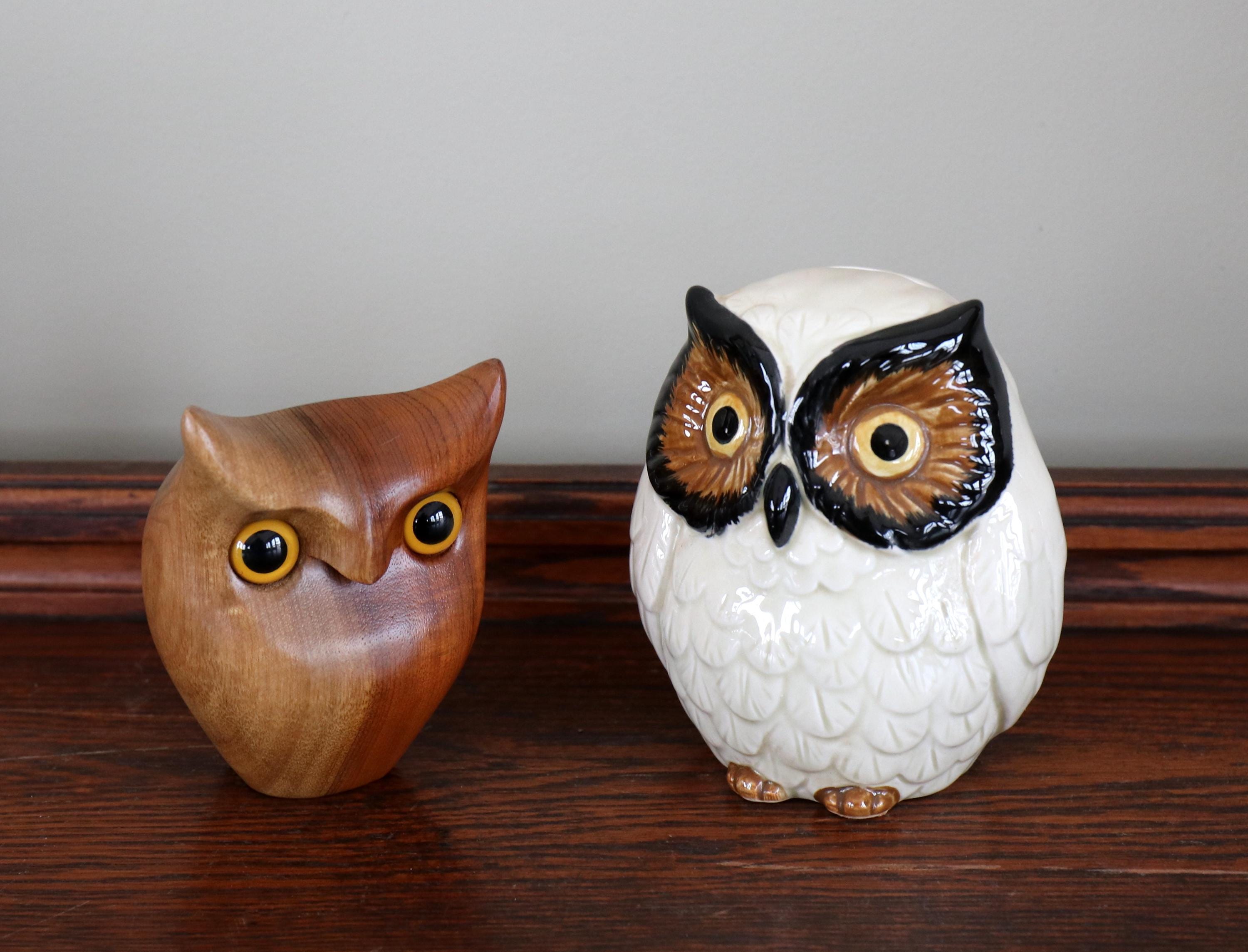 Vintage OWL LOVERS Collectibles Bird 1970s Mid Century Modern Woodland Eames Style Wood Carved and C