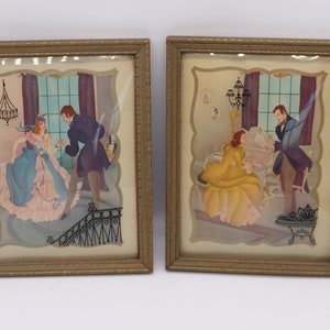 Encantador conjunto vintage de pareja de amantes VICTORIANOS ENMARCADO antiguo invertido pintura convexa burbuja vidrio silueta cuadro pared/estante arte cabaña elegante