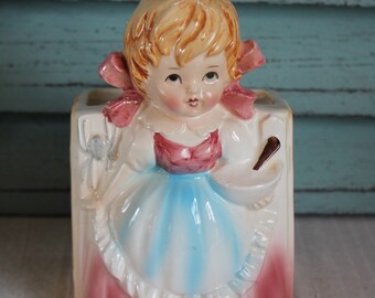 Vintage Porcelain Figural Planter LITTLE MISS MUFFET Girl Holding Mixing Bowl Figurine Shabby Cottage Chic Collectible Japan Unusual Unique