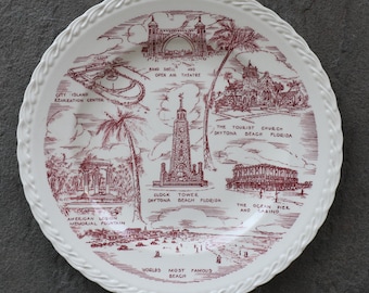 Vintage Red Transferware Porcelain DAYTONA BEACH Souvenir Plate - 10.5" Diameter - Vernon Kilns USA