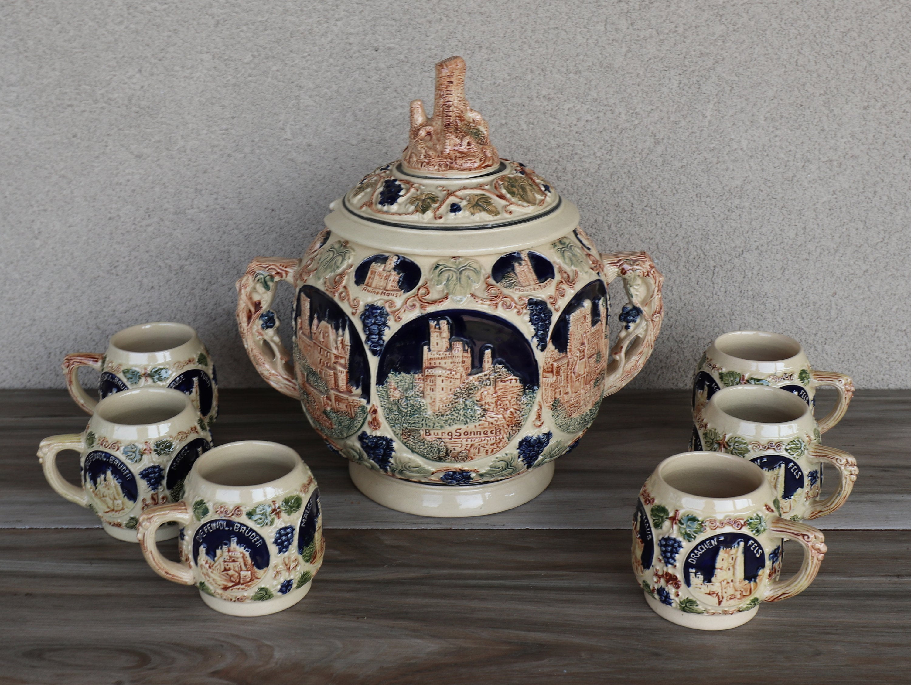 Antique German Castle Punch Bowl Gerz Stoneware Set Tureen Set of