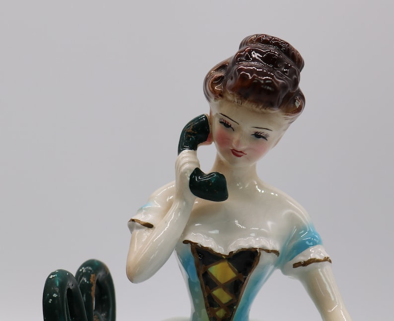 Figurine Shabby Cottage Chic Collectible Japan Unique Lovely Vintage Porcelain Lady Fancy Dress Glamour Girl Old Fashioned Telephone Bank