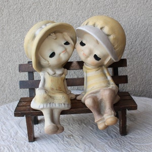 Vintage Boy & Girl Lovebirds on Park Bench - 7.5" Tall - Porcelain Japan - Big Eyes Keane Blythe Style Doll - Engagement Bridal Shower Gift