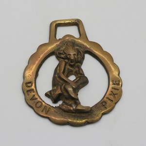 May include: A brass horse brass with a circular design featuring a pixie figure and the words "Devon Pixie".