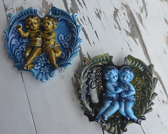 Pair of Darling Cherub Angels Figurine Heart Wall Plaques Decor - Eclectic MCM Great Shades of Green and Blue