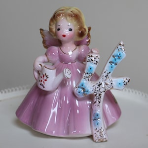 Vintage Porcelain 4th Turning 4 BIRTHDAY Figurine Josef Original Little Girl Angel Cake Topper Gift Pink Dress Gold Trim Retro Cottage Chic