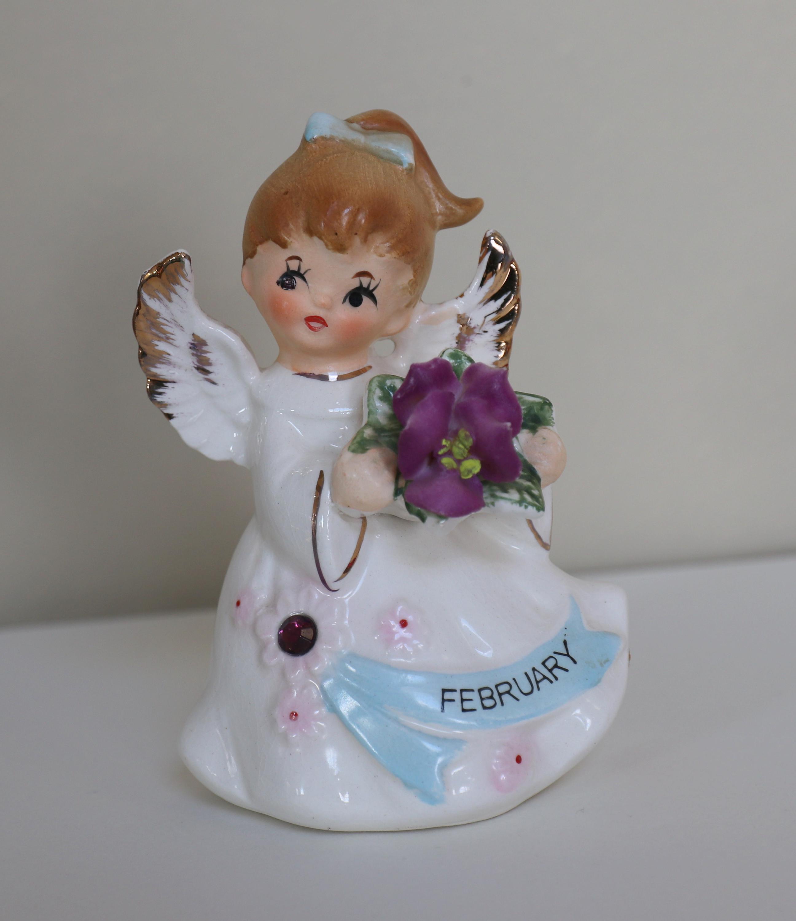 Vintage FEBRUARY Angel Gold Trim Figurine LEFTON - Amethyst