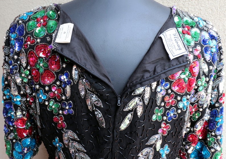 Vintage Satin Sequins Beaded Slit Evening Dress V Neck Formal Prom Dress Y8402 main image 1
