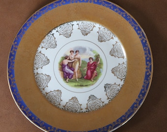 Victorian Scene Portrait Plate Women in Togas 9.75" Artist Angela Kauffman Porcelain Gold and Cobalt Blue Trim - Beautiful Mother's Day Gift