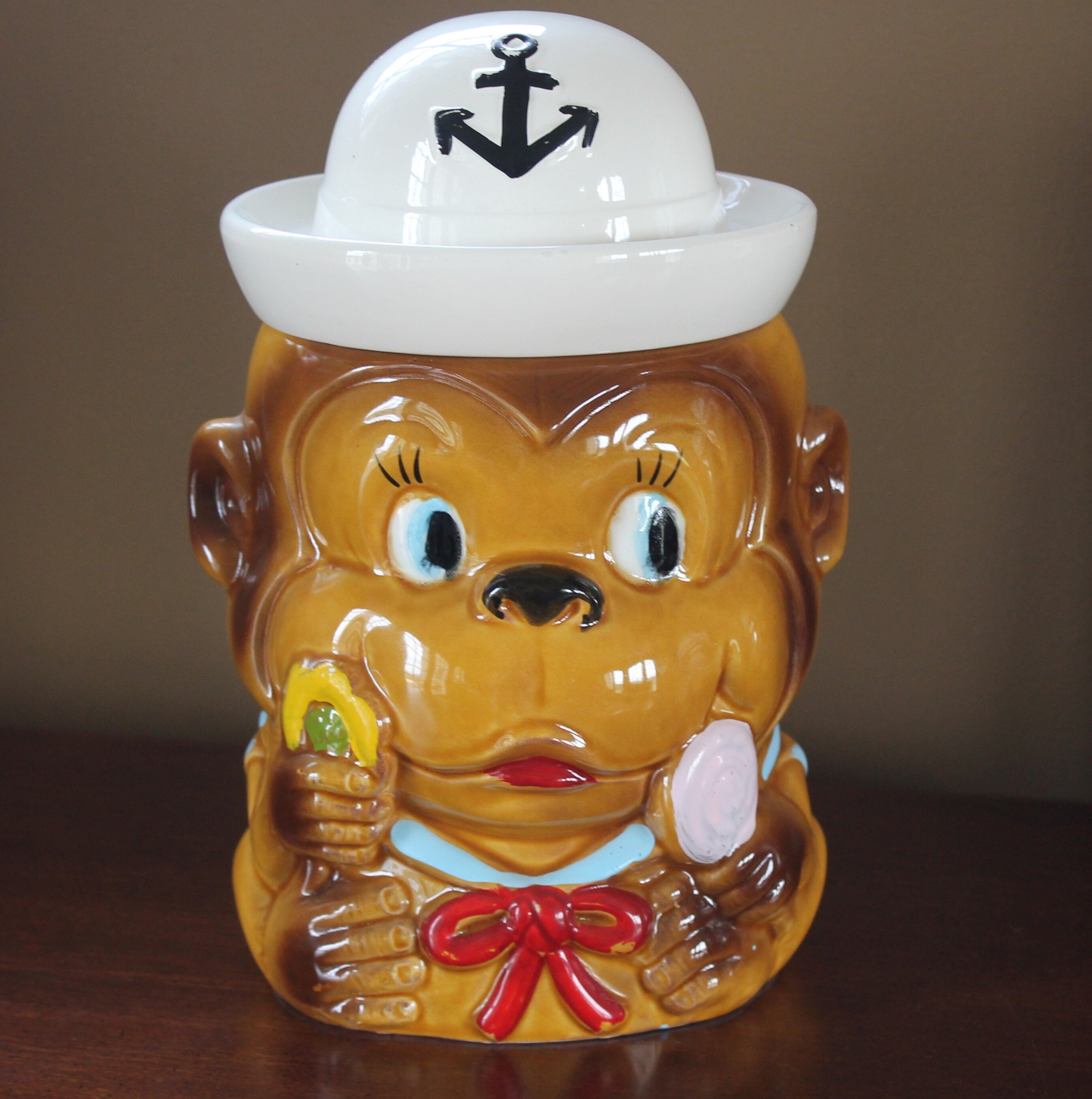 Vintage 60s Silly Monkey Cookie Jar Green Gorilla Ape Kitchen Canister