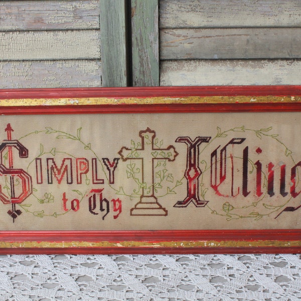 Victorian Punch Paper ANTIQUE CHRISTIAN Embroidery Sampler "Simply to Thy Cross I Cling" Vintage Distressed Wood Frame Catholic Wall Hanging