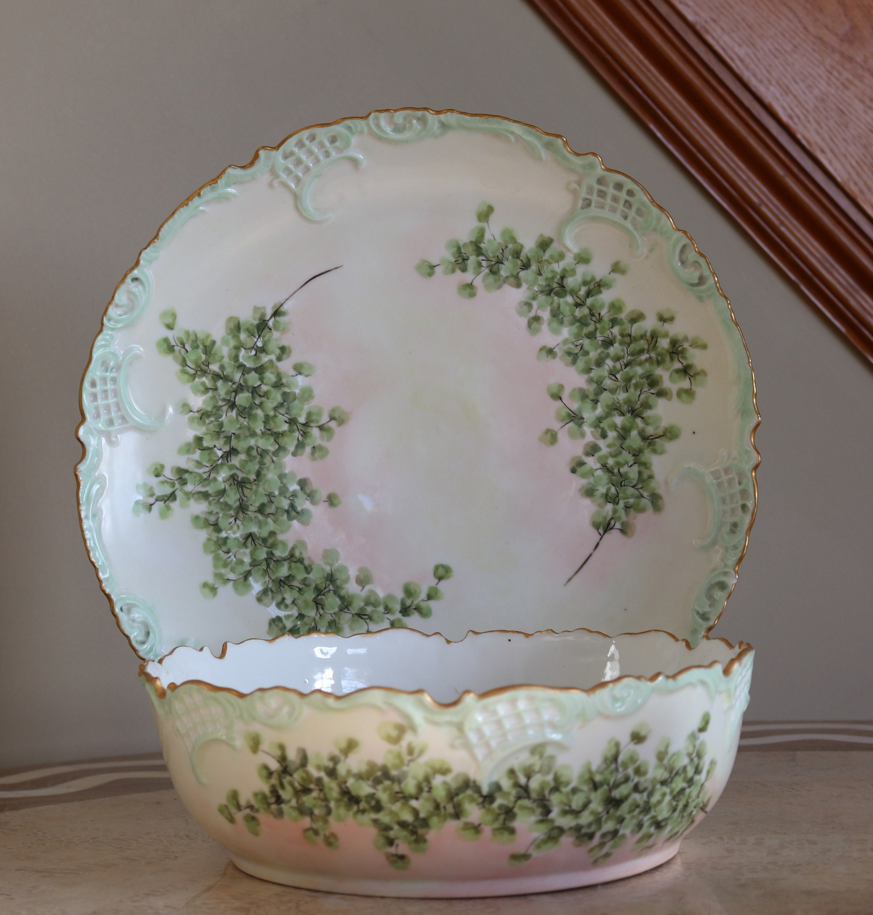 Gorgeous Vintage Unique Large Porcelain Serving Bowl & Charger Plate - Victorian Pink Green Cotton Flowers Cottage Chic Shabby Hand-Painted