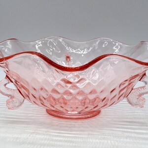 Very Pretty Pink DIAMOND OPTIC Footed Bowl -by FENTON - Vintage Elegant Art Glass - with Dolphin Accents