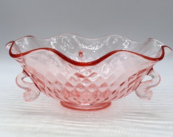 Very Pretty Pink DIAMOND OPTIC Footed Bowl -by FENTON - Vintage Elegant Art Glass - with Dolphin Accents