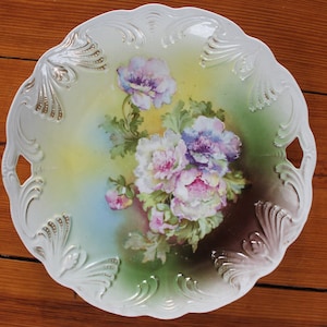 Vintage Floral Double-Handles Plate with BEAUTIFUL PEONIES - Shabby Cottage Chic Floral - Gold Trim Victorian Flowers Porcelain Collectible