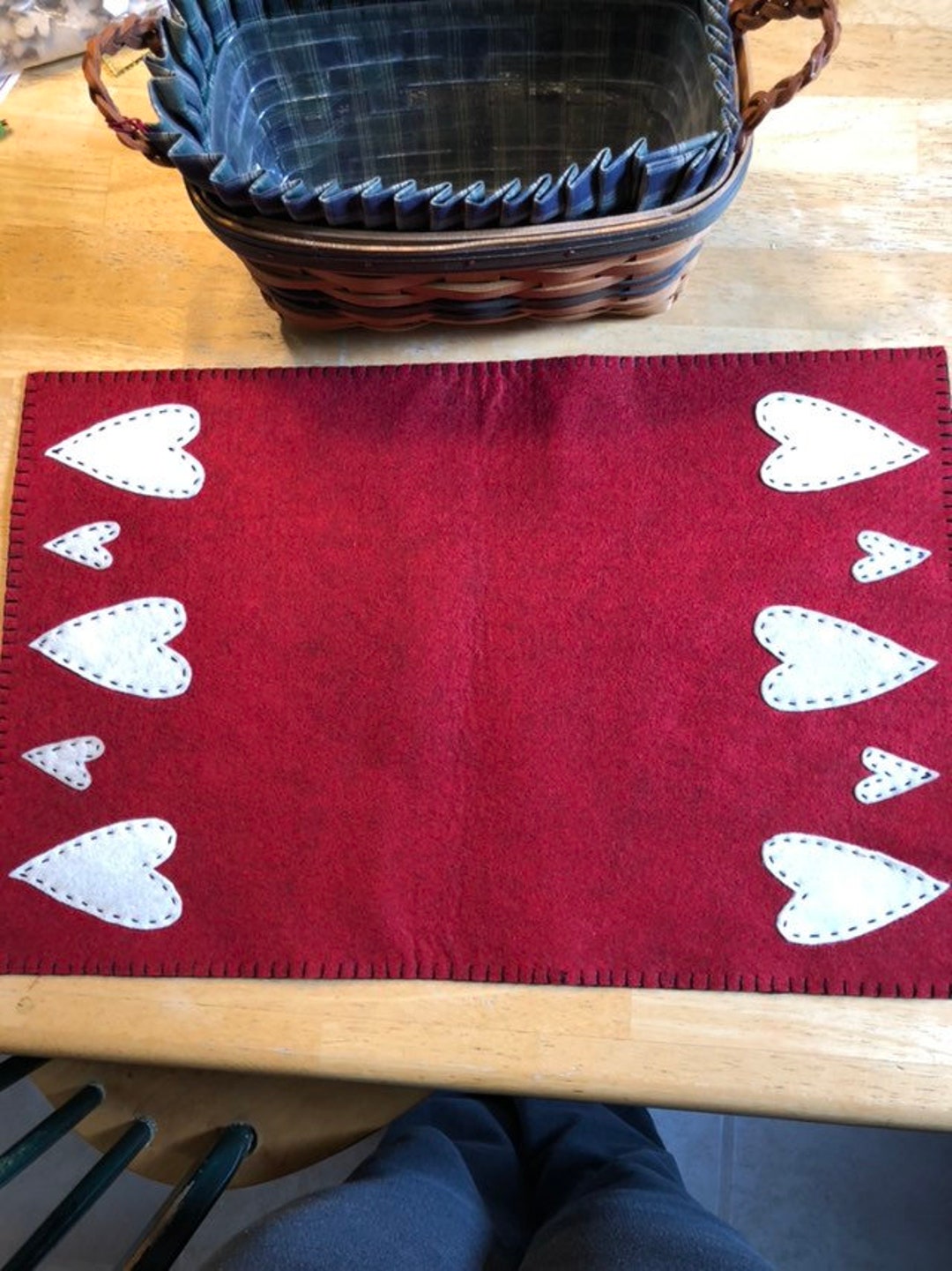 Valentine Rinner Wool Felt Primitive Valentine Runner With a Red Background and off ...