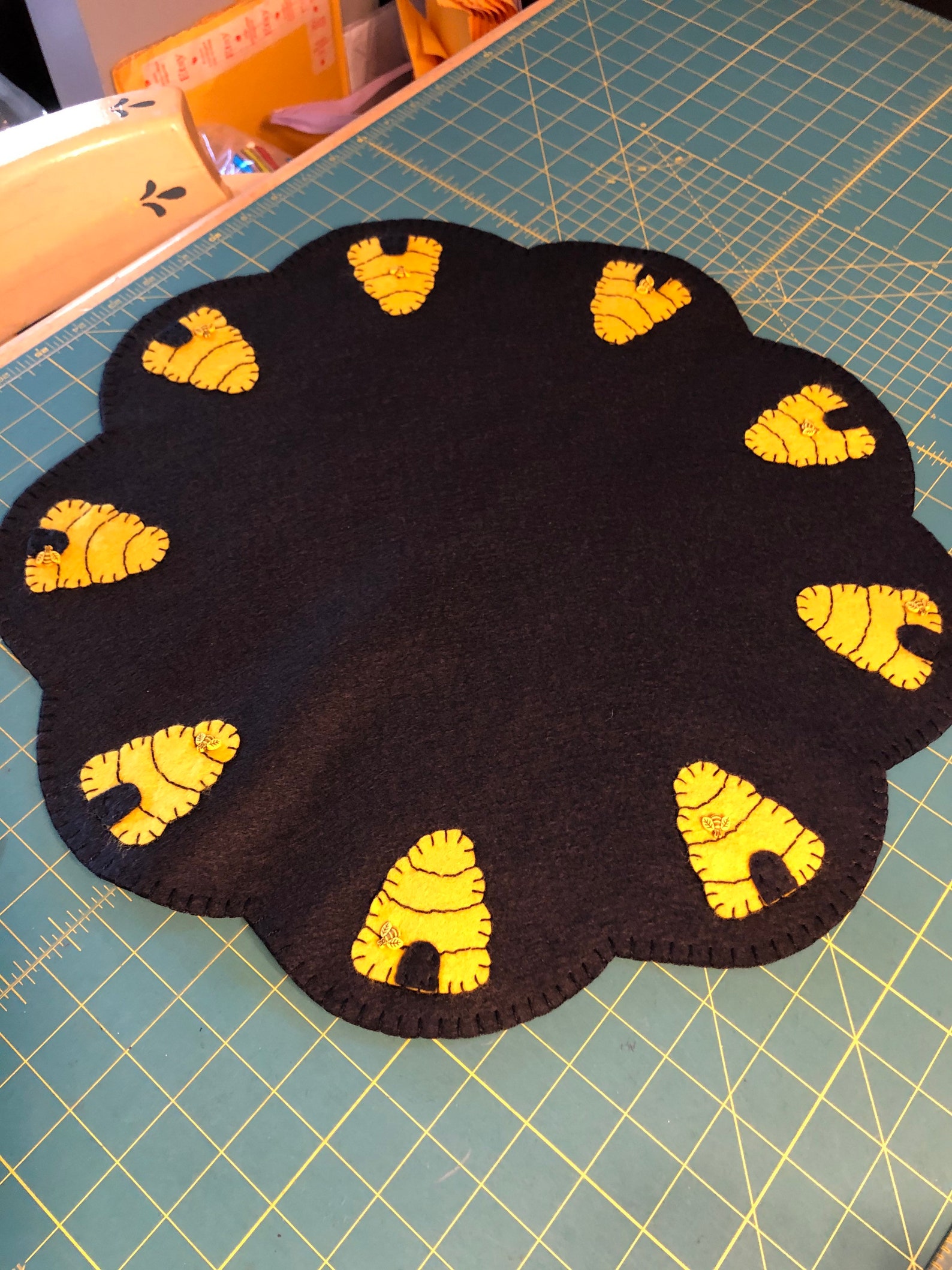 Table Mat With Bee Skeps/hives and Bee Buttons in Each Scallop Has a ...