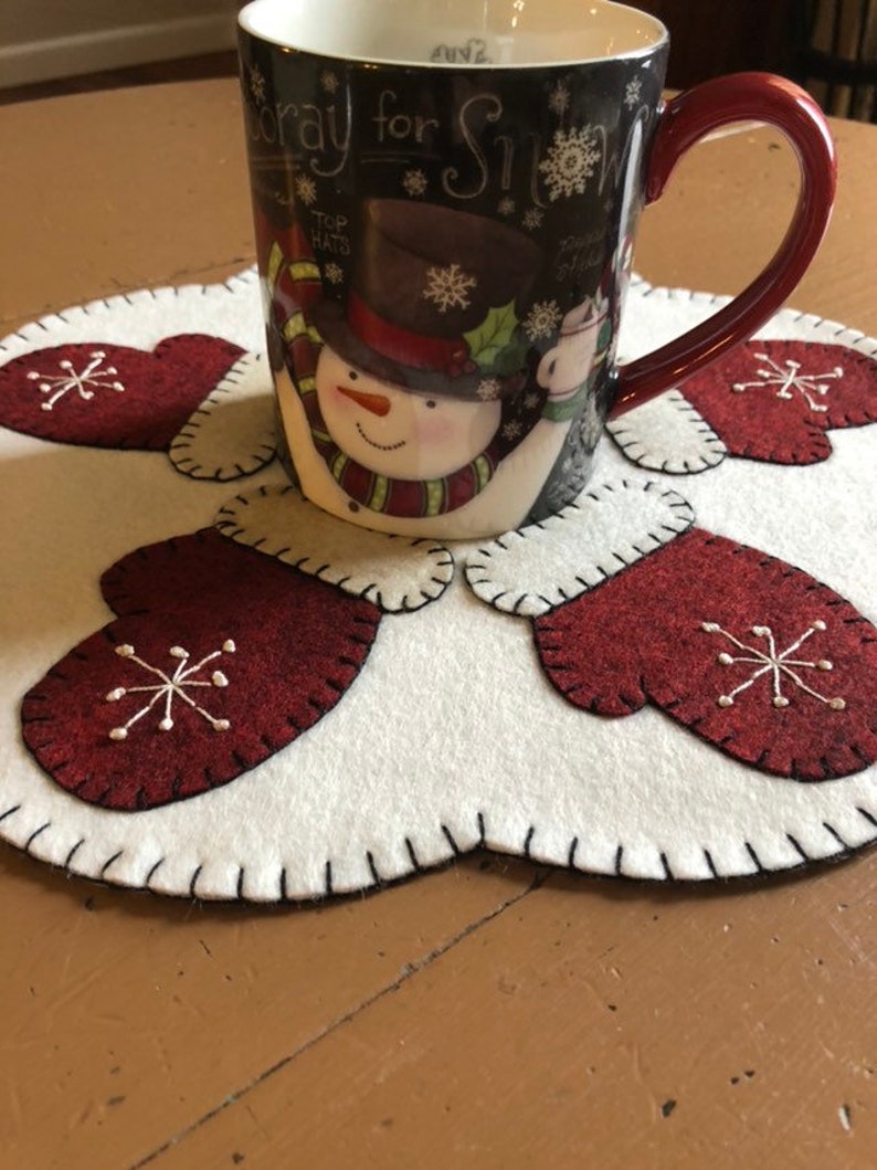 Mitten Mug Rug Mitten Candle Mat Measuring 12 Inches With an off White Background and ...
