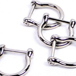 May include: Close-up of several shiny, silver-colored D-ring shackles. Each shackle has a rounded, U-shaped body with a straight bar secured by a screw. The shackles are arranged against a white background.
