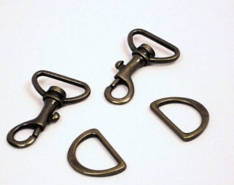 1 Inch D-Rings & Swivel Snap Hooks in Antique Brass Metal, 4 pc Set, Purse Supplies Hardware @ MeiMei Supplies in USA, Ready to Ship