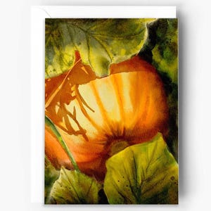May include: Watercolor painting of a vibrant orange pumpkin partially obscured by green leaves. The artwork captures the pumpkin's texture and the play of light, creating a warm, autumnal scene. The painting is on a white background.