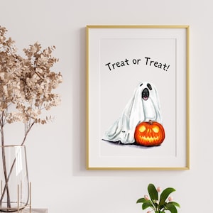 May include: A white ghost dog holding an orange jack-o'-lantern pumpkin with a carved face. The text "Treat or Treat!" is written above the dog.