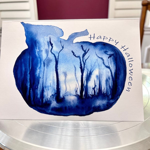 Blue Watercolor Pumpkin Greeting Card for Friend. Halloween Stationery with Eerie Mist Forest Picture. Original Art. 5x7 Inch Blank Card.