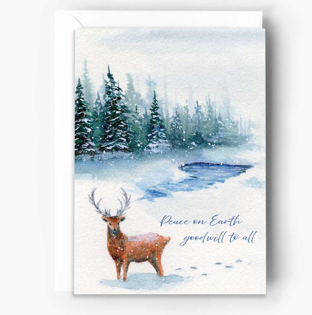 Reindeer Christmas Cards Set of 8 - Peace on Earth Holiday Card ...