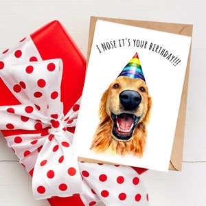 Afdrukbare Happy Birthday Golden Retriever - Golden Retriever-verjaardagskaart downloaden - verjaardagskaart met hondthema - van hond tot vader, moeder
