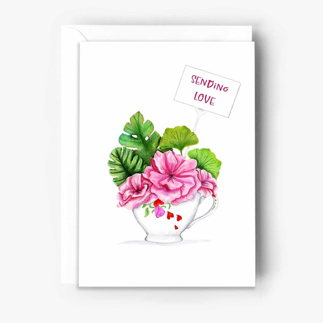 Floral Teacup Thinking of You Card - Sending Love Pink Flower Bouquet ...