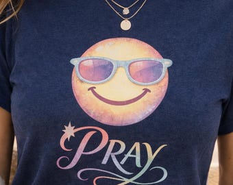 Pray Tee Shirt Pastel Smiley Face With Sunglasses Faith Christian Apparel Vintage Inspired Retro Feel Various Colors