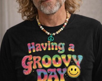 Long Sleeve Tee Shirt Black Having A Groovy Day Retro Tie-Dye Text Smiley Unisex 60s Nostalgia Cool Vibes Boomer Gift