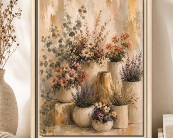 Neutral Tones Floral Still Life Matte Canvas 12"x16" Wall Art Pastel Shades Botanical Painting Earthy Tones Neutral Frame Cottagecore