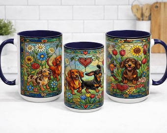 Dachshund Coffee Mug Ceramic Cup Stained Glass Art Design Floral Sunflower Daisy Tulip Rose Pattern Navy Blue Handle Wraparound Artwork Dog