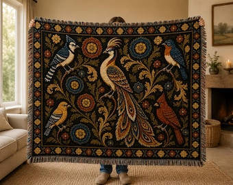 Heirloom Bird Woven Blanket Vintage Floral Throw Cottagecore Home Decor Cozy Bird Lover Gift Decorative Tapestry Blanket