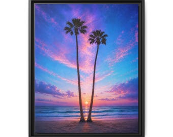 Sunset Beach Art Palm Tree Print Framed Landscape Scene Tropical Wall Hanging Ready Home Living Room Picture Coastal Ocean Artwork 16x20