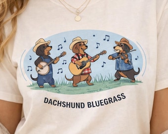 Dachshund T Shirt Bluegrass Band  Doxie Lover Gift Wiener Enthusiast Guitar Banjo Fiddle Music Cowboy Hat Comfort Colors