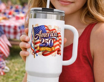 America 250 Tumbler Flag Graphic Travel Mug  40oz Insulated Semiquincentennial Vintage July 4 Celebration Holiday Drinkware