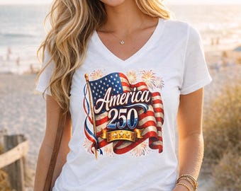 America 250 V Neck Tee Shirt Independence Day Celebration Heritage Flag Americana Unisex Apparel