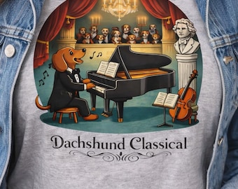 Dachshund TShirt Music  Dachshund Orchestra Piano Concert Tee Unisex Classical Grey Apparel Wiener Dog Lover