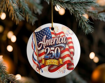 America 250 Flag Ornament Ceramic Round Patriotic Decoration July 4 Independence Gift
