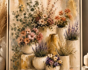 Floral Wall Art Vase Painting Neutral Decor Boho Home Soft Watercolor Botanical Canvas Vintage Artwork Large Print Pastel Flower Living Room