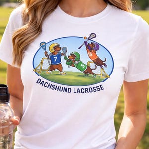 Puede incluir: Camiseta blanca con un gráfico de Dachshund Lacrosse. El gráfico presenta tres perros salchicha de dibujos animados jugando al lacrosse, con cascos y camisetas. El texto "DACHSHUND LACROSSE" está impreso debajo en azul marino.
