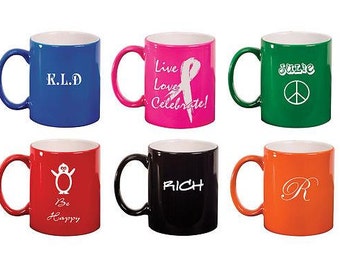 Custom Laser Engraved CERAMIC MUGS 11oz. Free Engraving 8 Colors 50 Fonts