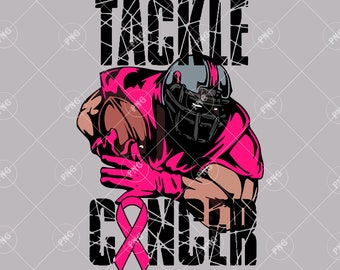 Puede incluir: Un diseño gráfico rosa y negro con un jugador de fútbol americano con una camiseta y un casco rosas, corriendo con un balón de fútbol. El texto "Tackle Cancer" está en una fuente negra desgastada con una cinta rosa.