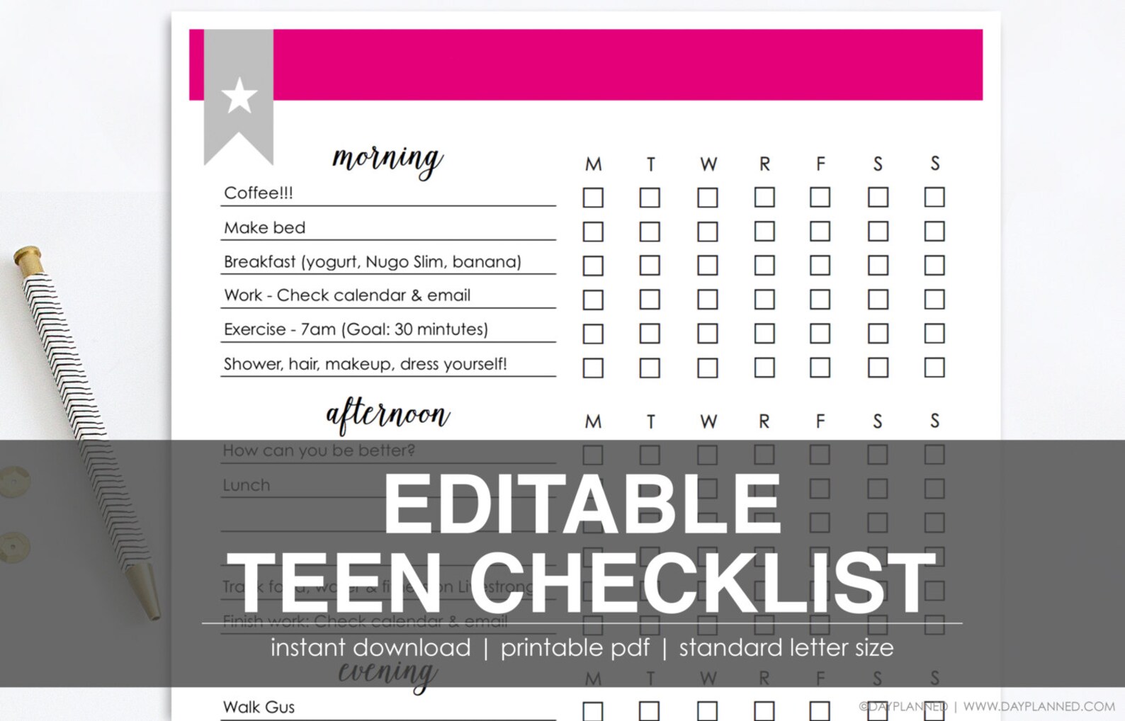 EDITABLE TEEN CHECKLIST Printable Task List Instant | Etsy