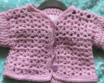 Pink Hand Crochet V-Stitch Cardigan Sweater