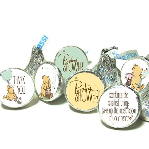 Vintage WINNIE the POOH - Baby Shower kiss stickers ~ Fits individually wrapped Chocolate and other Candy- Green - unisex - Girl - Boy