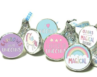 UNICORN Birthday kiss stickers - Unicorns & Rainbow Themed kiss stickers ~ for Hershey's Kisses® Chocolate (108 stickers)